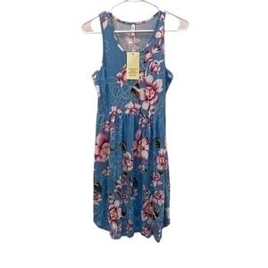 Womens Size Small Floral Print Dress Sleeveless Casual Summer Sun Dress Blue